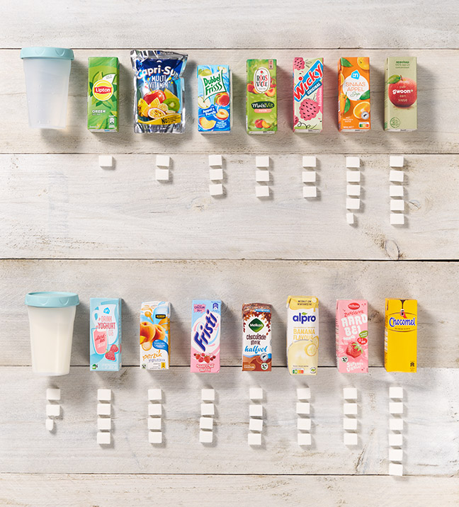 Pakjes drinken en hoeveelheid suiker per pakje Pakjes drinken en hoeveelheid suiker per pakje